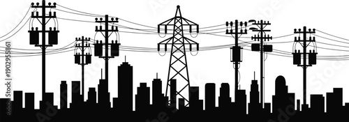 City skyline with electrical power lines and transformers on poles Keywords: city, skyline, electricity, power lines