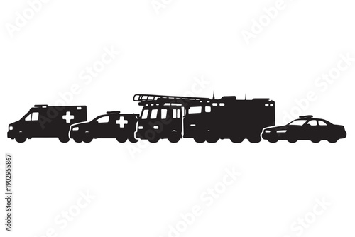 Emergency Convoy Silhouette Side View Multiple Rescue Vehicles
