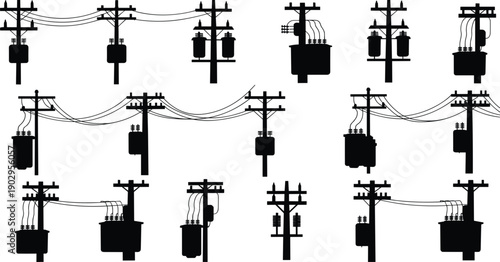 Collection of Black Silhouettes of Electric Poles with Transformers and Wires Keywords: electric pole, electricity, power line