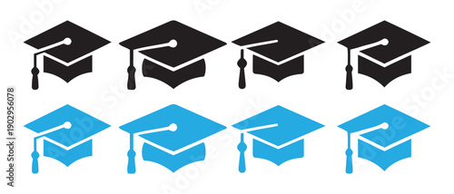 Modern Black and Blue Graduation Caps Icons Set. for Academic Achievement and Educational Success.
