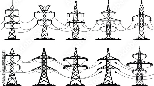 Collection of Black Silhouettes of High- Voltage Electricity Towers and Wires Keywords: electricity tower, pylon, silhouette