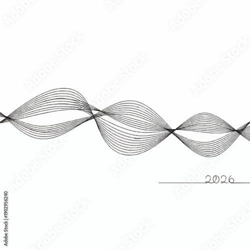 Abstract visualization of complex oscillating sound waves or data streams suggesting a future year in a minimalist black and white graphic design.