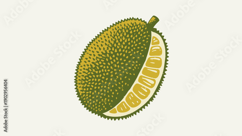 Stylized illustration of a tropical jackfruit cut open revealing its exotic fruit pods