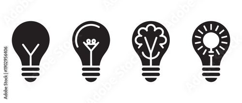 Creative Lightbulb Icons. Showing Idea Generation, Innovation, Growth, and Solutions on White Background.