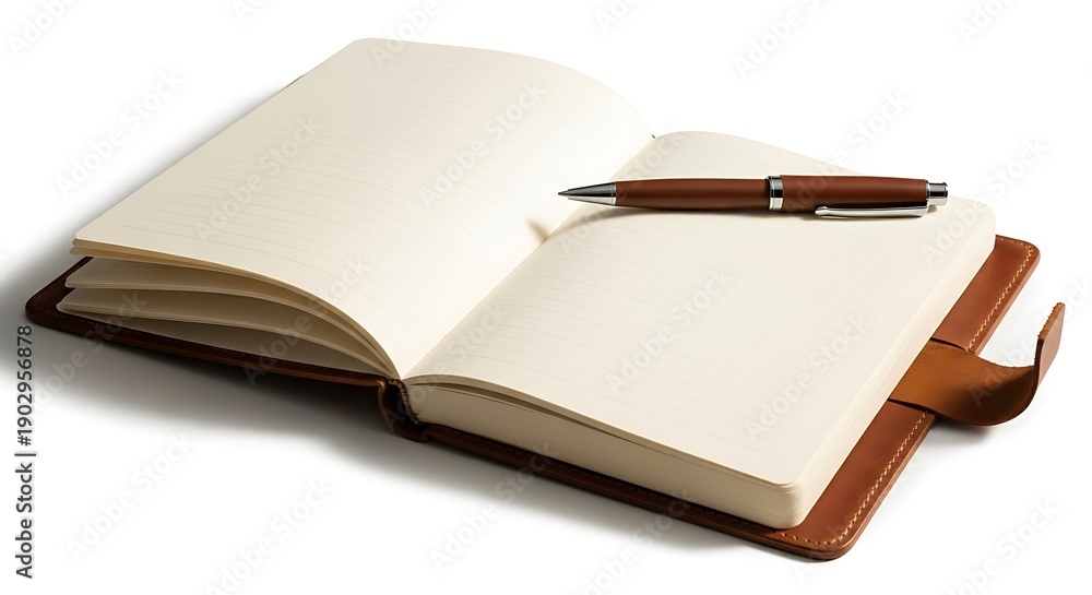 Naklejka premium Open Notebook with Pen on White Background.