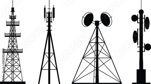 Four distinct silhouettes of communication and transmission towers with antennas and dishes Keywords: communication towers