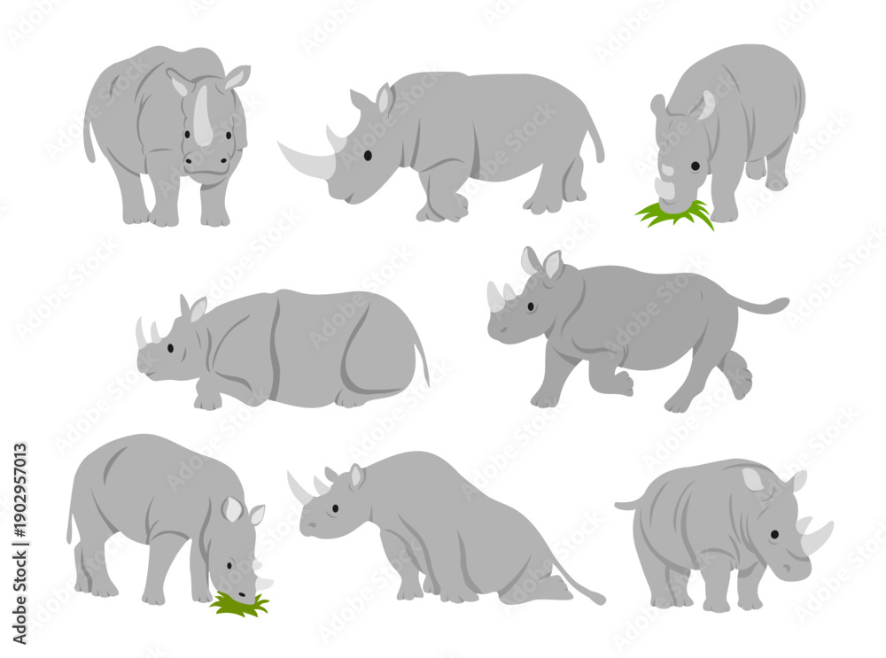 Fototapeta premium Cute Rhinoceros Animal Pose Illustration Set