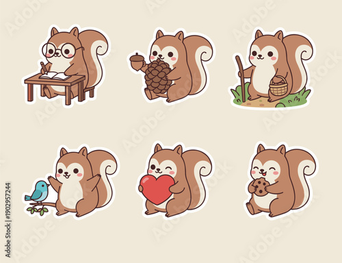 Collection of cute squirrel characters showing daily life activities like studying hiking foraging eating cookies and holding a red heart