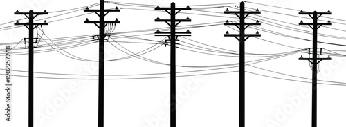 Multiple utility poles with a complex network of tangled electrical wires and insulators Keywords: utility poles, power lines
