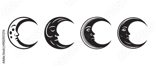 Vintage Celestial Moon Faces Vector Set. Illustrating Mystical Astrology and Esoteric Symbols.