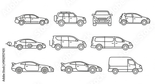 Collection of car outlines in various styles and views.