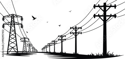 Perspective View of Power Lines and Transmission Towers with Birds in Flight Keywords: power lines, transmission towers