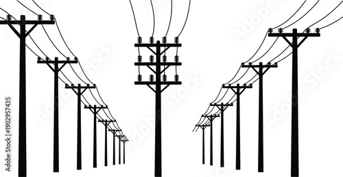 Perspective view of power poles with wires receding into the distance electricity utility pole