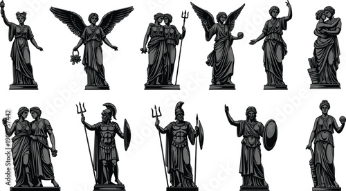 Collection of ancient Greek and Roman mythological statue illustrations isolated on gray background, classical sculpture engraving style artwork set for design