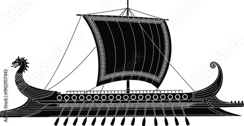 Ancient Greek trireme warship silhouette with sail and oars isolated on gray background, classical maritime history illustration design