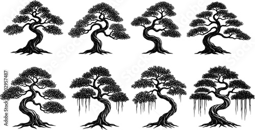 Collection of bonsai tree silhouettes in traditional Japanese style isolated on gray background, decorative nature illustration set for design