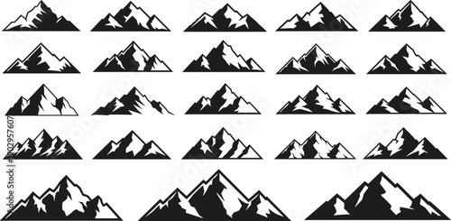 Collection of mountain peak silhouette icons in various shapes isolated on gray background, nature landscape illustration set for design
