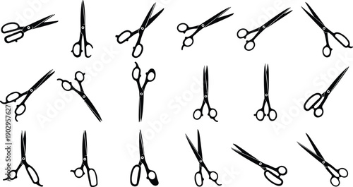Collection of scissors silhouettes in various cutting tool styles isolated on gray background, barber and craft illustration set