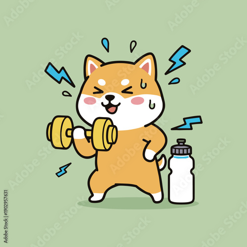 Energetic shiba inu dog character lifting a dumbbell with water bottle exercising for fitness and health in a cute cartoon vector style