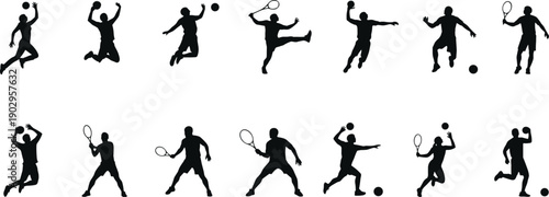 Collection of tennis and handball player silhouettes in dynamic action poses isolated on gray background, sport activity illustration set
