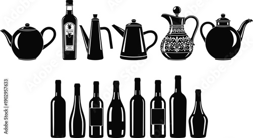 Collection of teapot and bottle silhouettes isolated on gray background, kitchen drinkware and beverage container illustration set for design