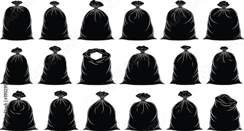 Collection of tied sack bag silhouettes in various shapes isolated on gray background, storage packaging illustration set for design