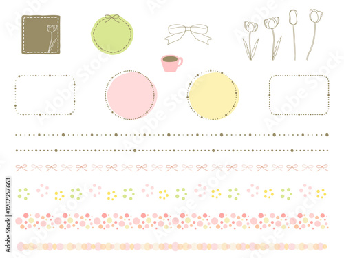 春色のフレームやラインのセットとチューリップのイラスト素材