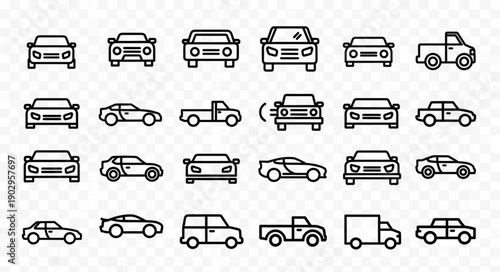 Collection of car icons in a simple line art style.