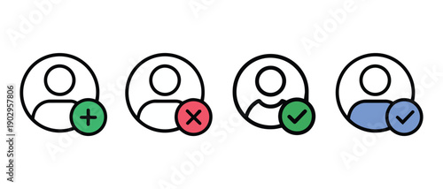 Clean User Profile Icons Set. Add, Delete, Verify, and Select Status for Web and App UI Design.