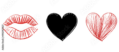 Red lipstick kiss print and hearts set in grunge sketch style. Artistic textured vector illustrations isolated on white.