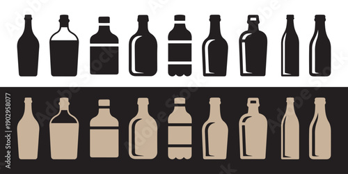 Collection of Diverse Glass Beverage Bottles Silhouettes Vector Art Icons for Drinks and Packaging Design.