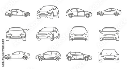 Collection of car outlines in different views and styles.