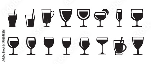 Collection of Diverse Drink Glasses and Cups Icons Set: Alcoholic Cocktails, Wine, Coffee, Soda, and Juices, Vector Graphic Elements.