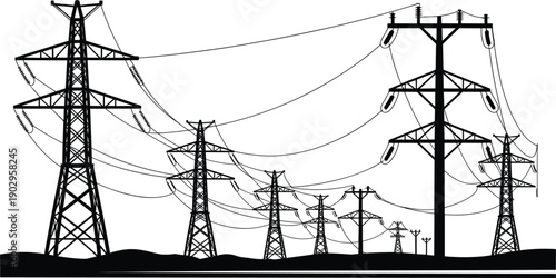Silhouette of various power transmission towers and utility poles with wires electricity cable