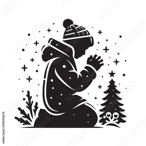 Black Christmas prayer Silhouette Vector, High Quality Illustration on White Background