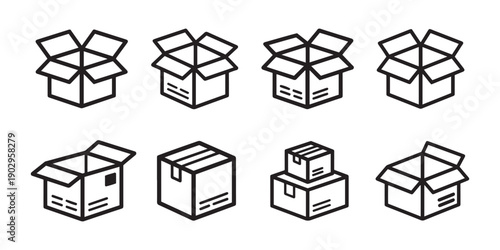Cardboard Boxes Line Icons Set. for Shipping and Delivery Logistics. Minimalist Isometric Vector Packaging Illustration.