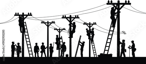 Silhouettes of electricians working on utility poles with ladders and wires Keywords: electrician, utility pole, power lines