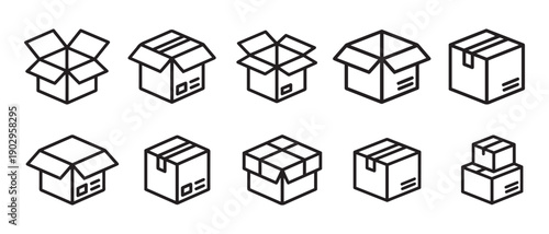 Set of isometric line art icons for various cardboard boxes: open, closed, stacked, for shipping and packaging needs.