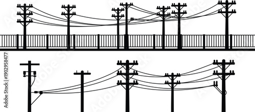 Two rows of electricity poles with wires and a fence in the upper row Keywords: electricity, power lines, poles, wires, cables