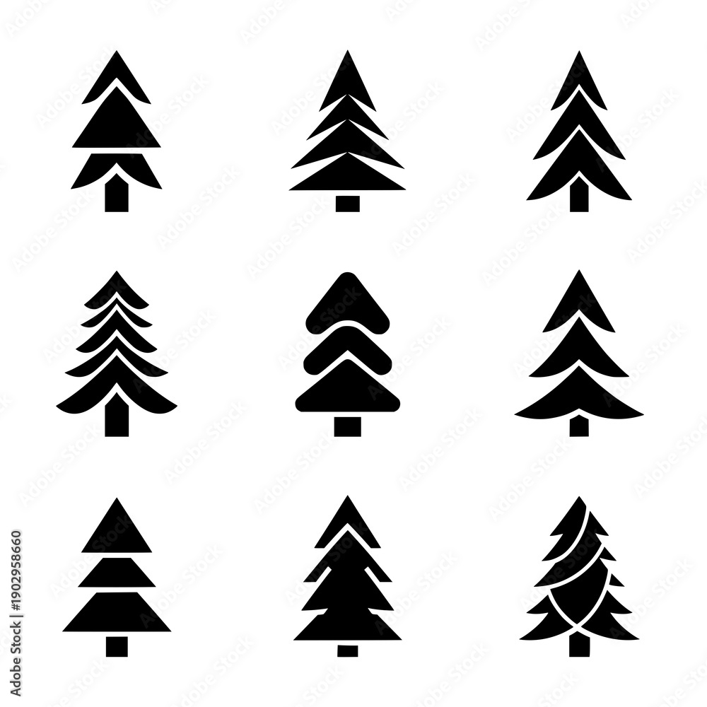 Obraz premium Minimalist Christmas tree icon black vector pine and fir symbol set