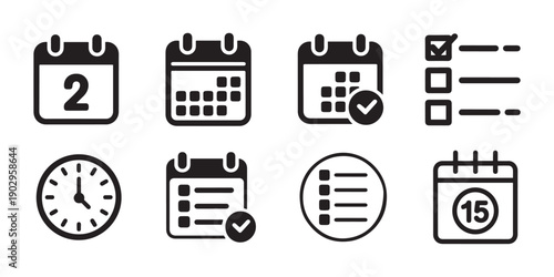 Essential Calendar, Clock, and Checklist Icons Set for Effective Time Management and Task Planning.