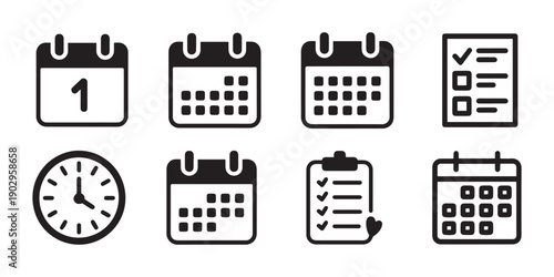 Calendar Icons and Clock Symbol for Planning, Scheduling, and Time Management Icons Set.