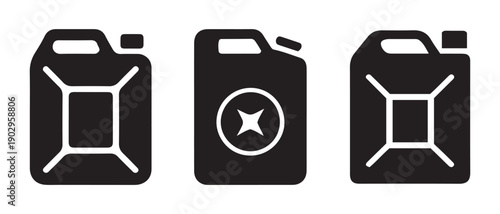 Set of black jerrycan icons, symbolizing fuel, storage, and transport. Simple graphic vector illustration.