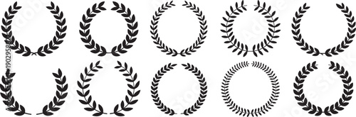 Laurel wreath vector icon set. Includes 8 laurel wreath symbols. Created in minimalist line style with black and gray colors.