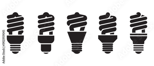 Set of black fluorescent light bulbs in different shapes and sizes, energy saving concept, isolated on white background.