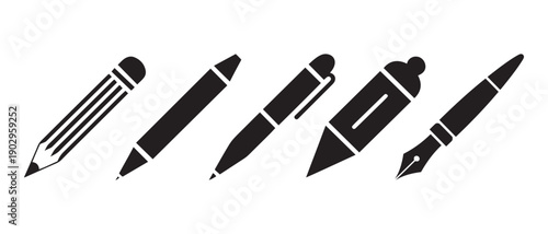 Collection of writing instruments. pencil, pens, and fountain pen, in silhouette on a white background.