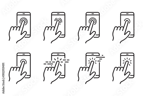 Set of Smartphone Touchscreen Gestures Icons. Finger Tapping, Swiping, Pinching, Zooming and Scrolling Actions.