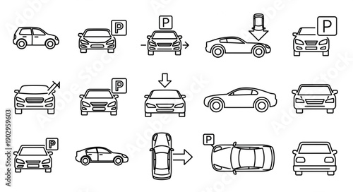 Collection of car parking icons and symbols for transportation services.