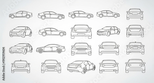 Collection of car outlines in various views and angles.