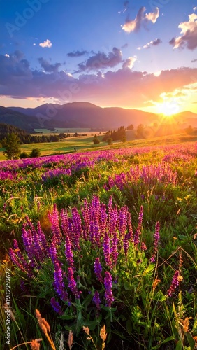 A vibrant, vertical landscape of purple wildflowers in a meadow bathed in golden sunset light with mountains in the background